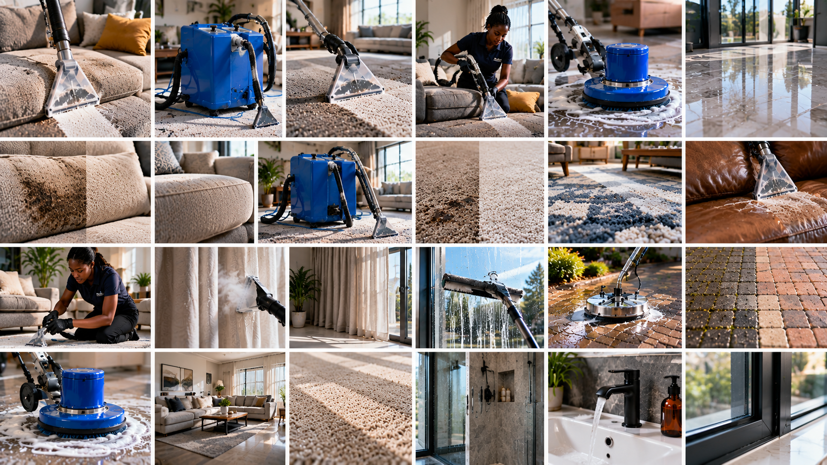 Collage of professional cleaning work across sofas, floors, curtains and windows